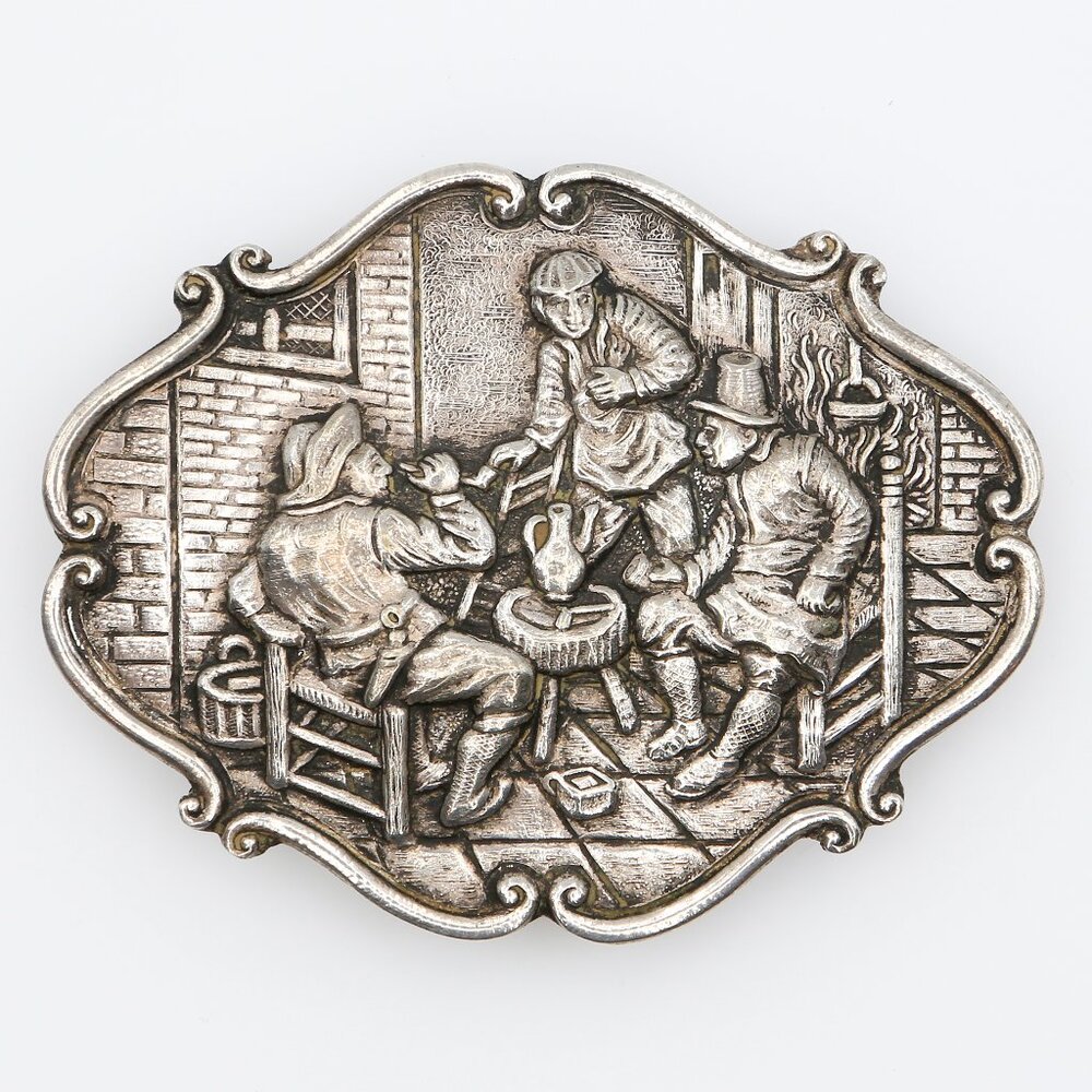 Victorian Holland Repoussé Tavern Scene Brooch Dutch Silver‎ Tone Folk Art Pin